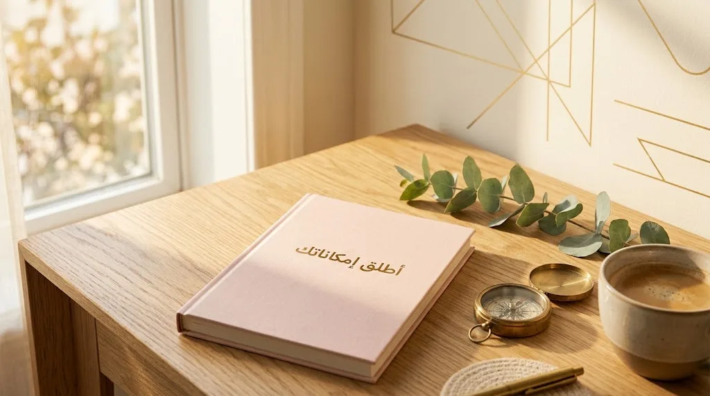 Blush-pink hardcover notebook with an Arabic title on a light oak desk by a window, beside a brass compass and a cup of coffee