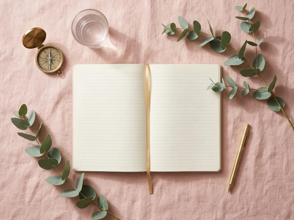 Overhead view of a blank cream notebook, a brass compass, a glass of water, and eucalyptus on blush-pink linen