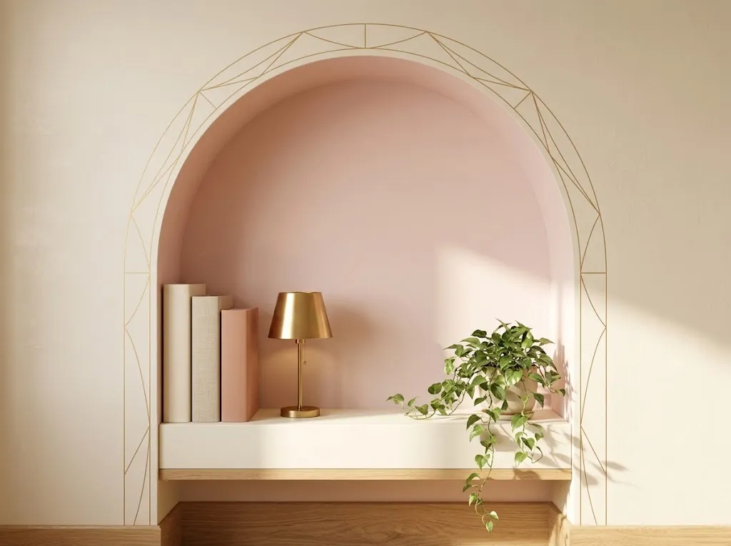 Blush arched alcove with gold line-art, a cream shelf of plain books, a brass lamp, and a trailing plant