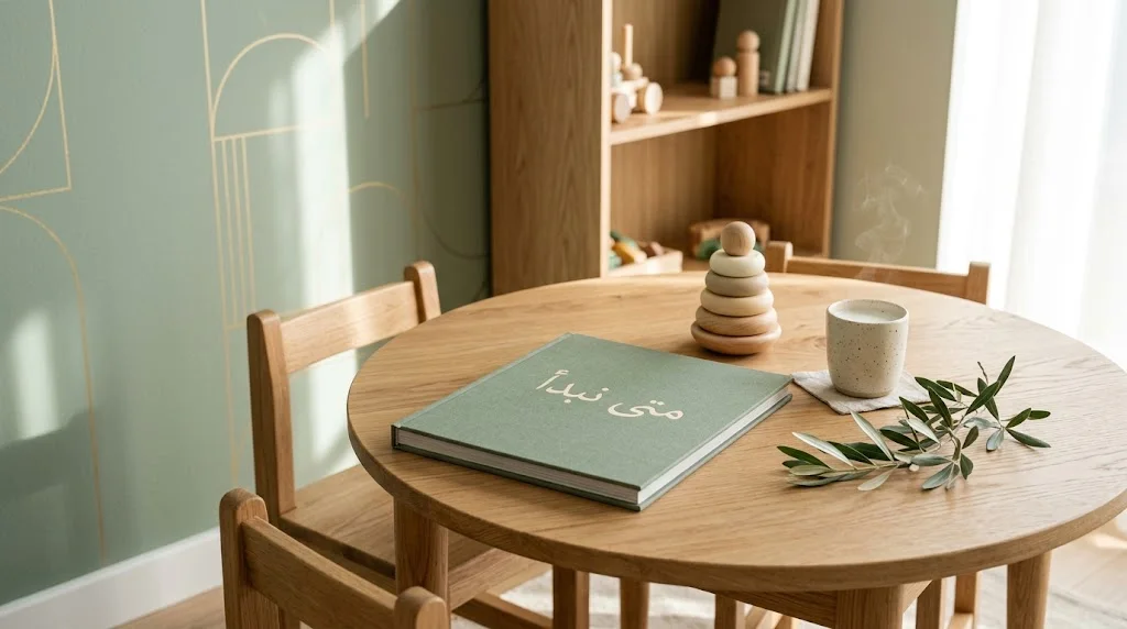Sage-green children's nook with a wooden table, a cover titled in Arabic, a stacking toy, a cup of warm milk, and an olive sprig