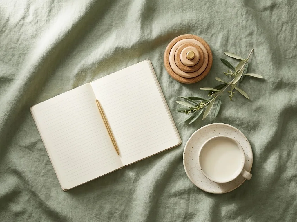 An open blank notebook with a gold pen, a wooden stacking toy, a cup of warm milk, and an olive sprig on sage linen