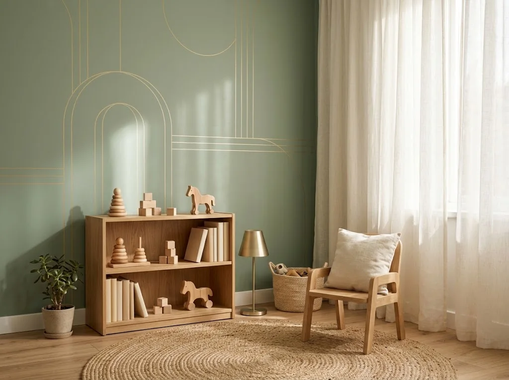 A bright children's corner with a sage-green wall, gold line-art, a wooden shelf of toys and books, and a small chair