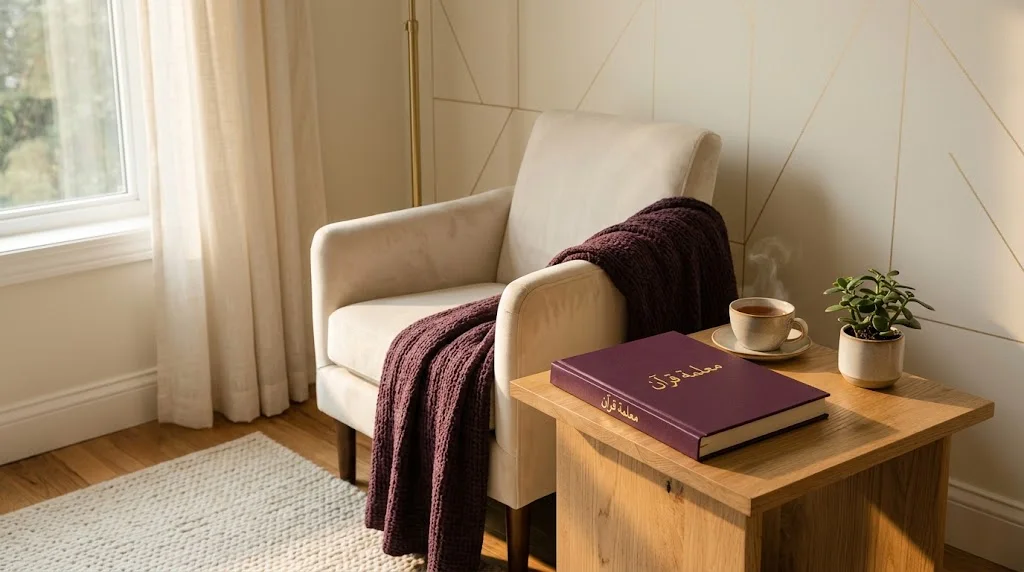 Plum hardcover book with a gold Arabic title on a light oak side table beside a cream armchair, a cup of tea, and a plant