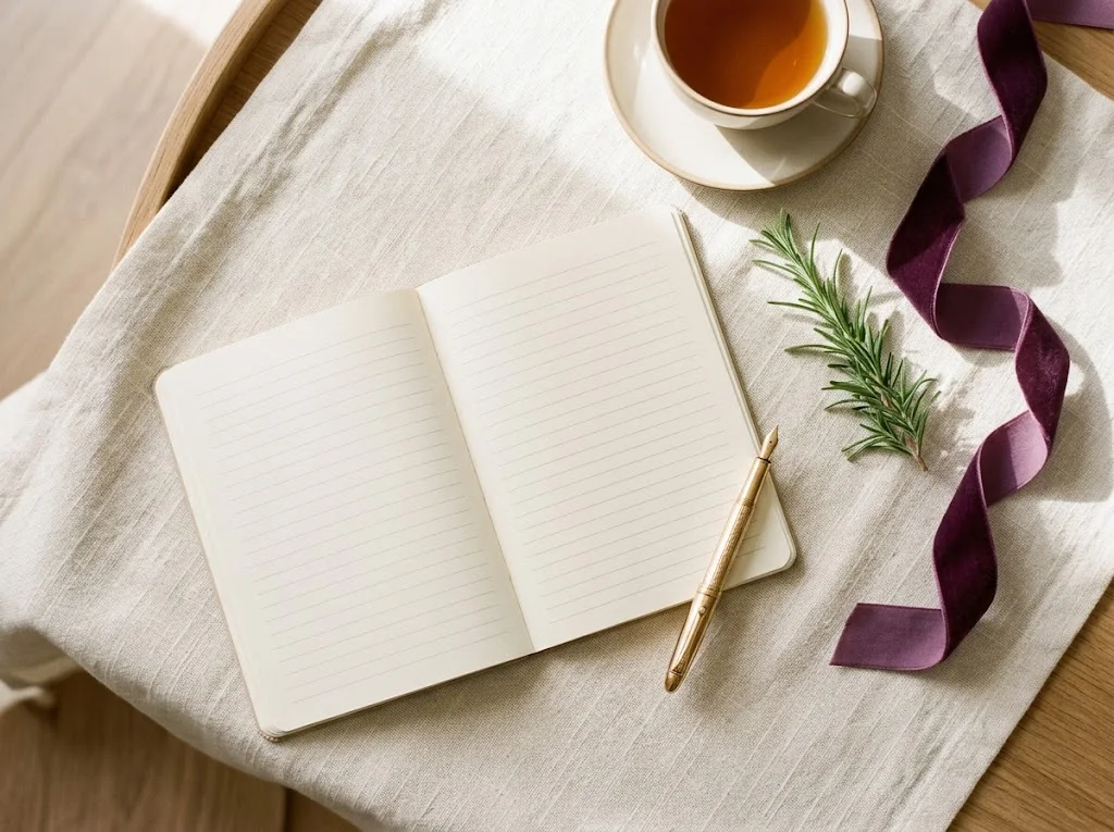 An open blank notebook with a gold pen, a cup of tea, a sprig of rosemary, and a plum velvet ribbon on warm linen