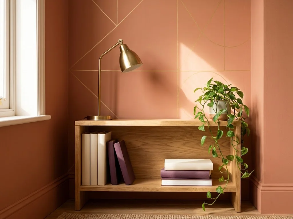 A bright study alcove with terracotta walls, gold line-art, an oak shelf of cream and plum books, and a brass lamp