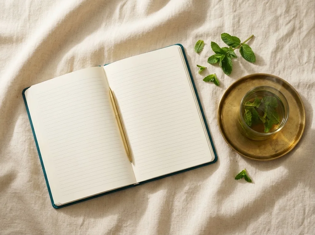 Cuaderno abierto en blanco con cubierta verde azulada, bolígrafo de latón y un vaso de té de menta sobre lino cálido