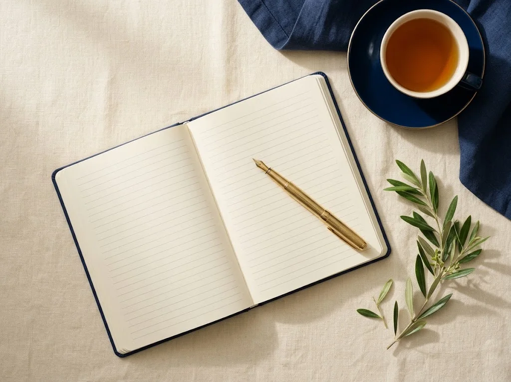 Cuaderno crema abierto en blanco con bolígrafo dorado, taza de té sobre platillo azul marino y rama de olivo sobre lino marfil