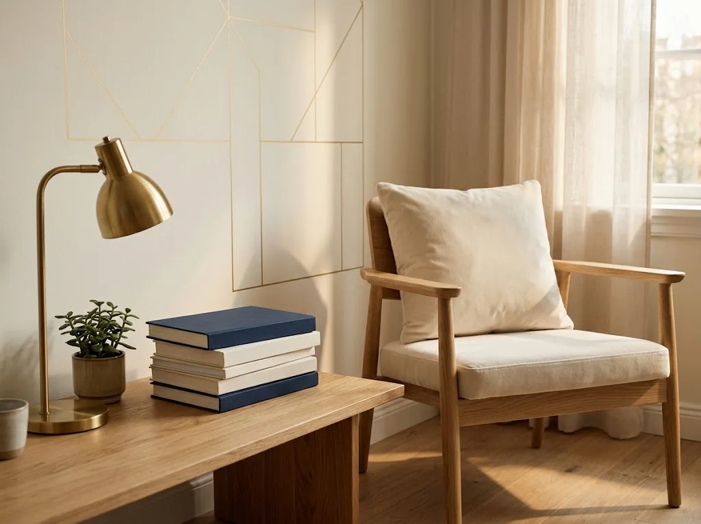 Rincón de lectura tranquilo con pared crema, líneas doradas, lámpara de latón, libros azul marino y crema y un sillón con cojín crema