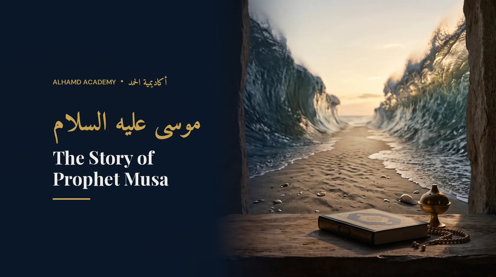 A parted sea revealing a dry path, seen through a stone window – the story of Prophet Musa (peace be upon him)