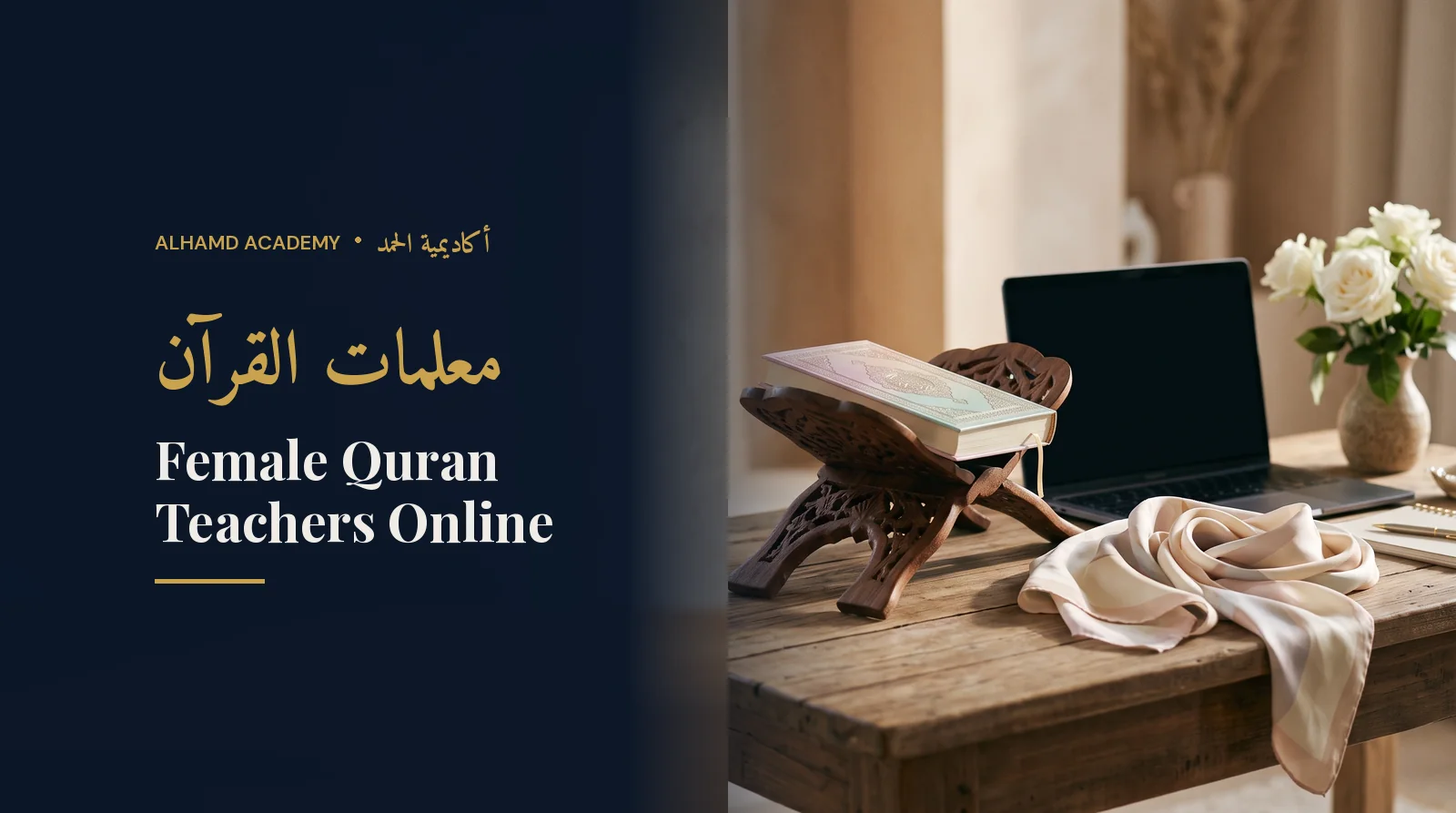 Pastel Quran on a rehal beside a laptop and white roses – female Quran teachers online