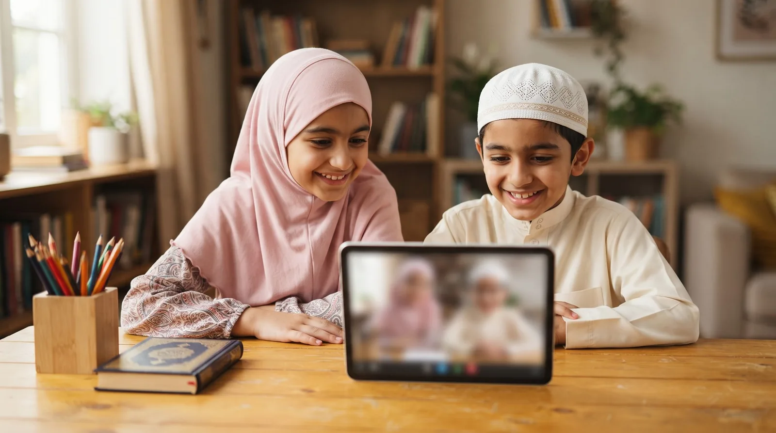 طفلان يستمتعان بدرس قرآن أونلاين على التابلت