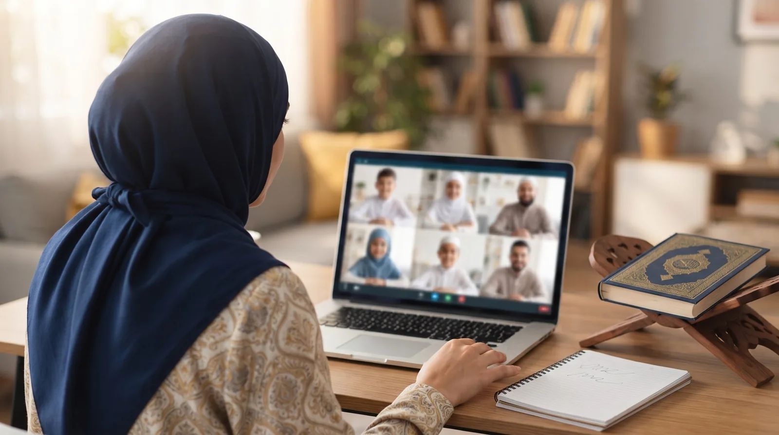 A teacher leading an online Quran memorization class with several students