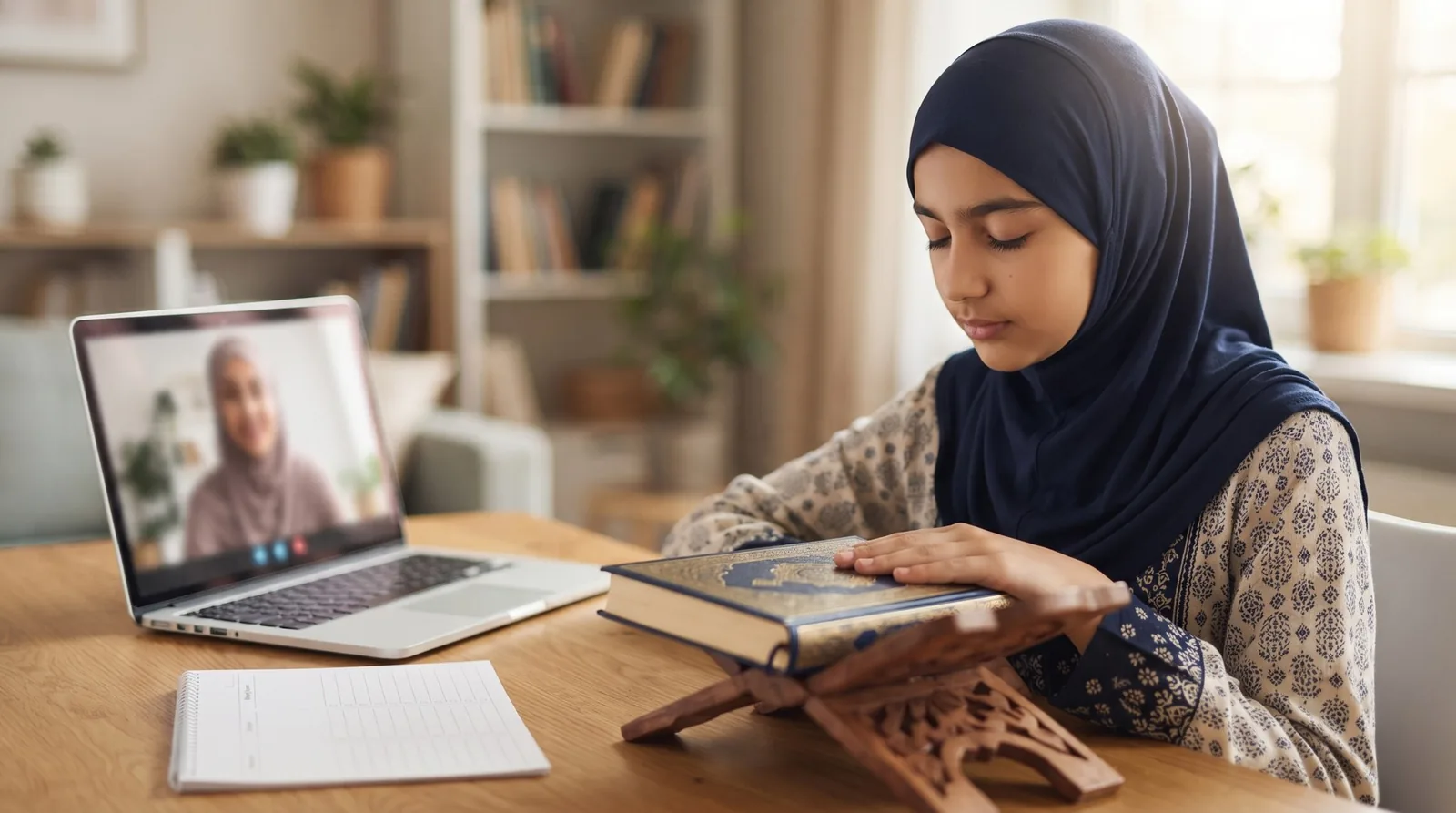 A student revising her Hifz from memory during an online memorization course