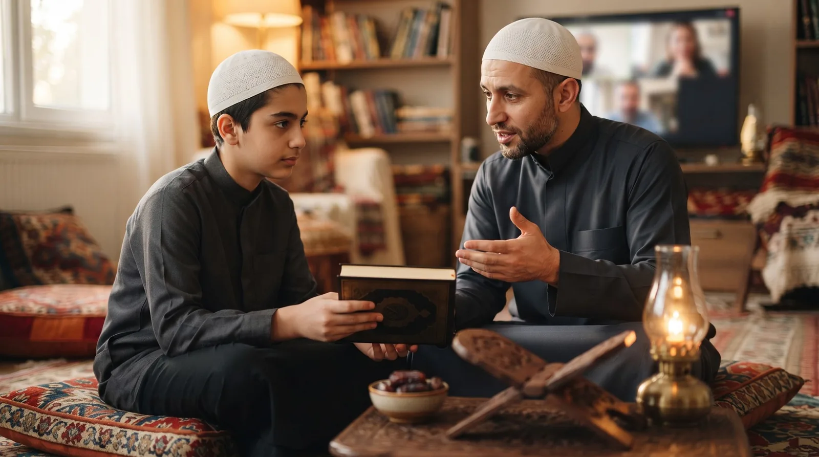 أب وابنه يتأمّلان قصة قارون من كتب التفسير