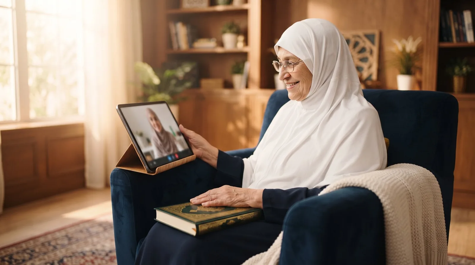 A senior woman enjoying her online Quran lesson