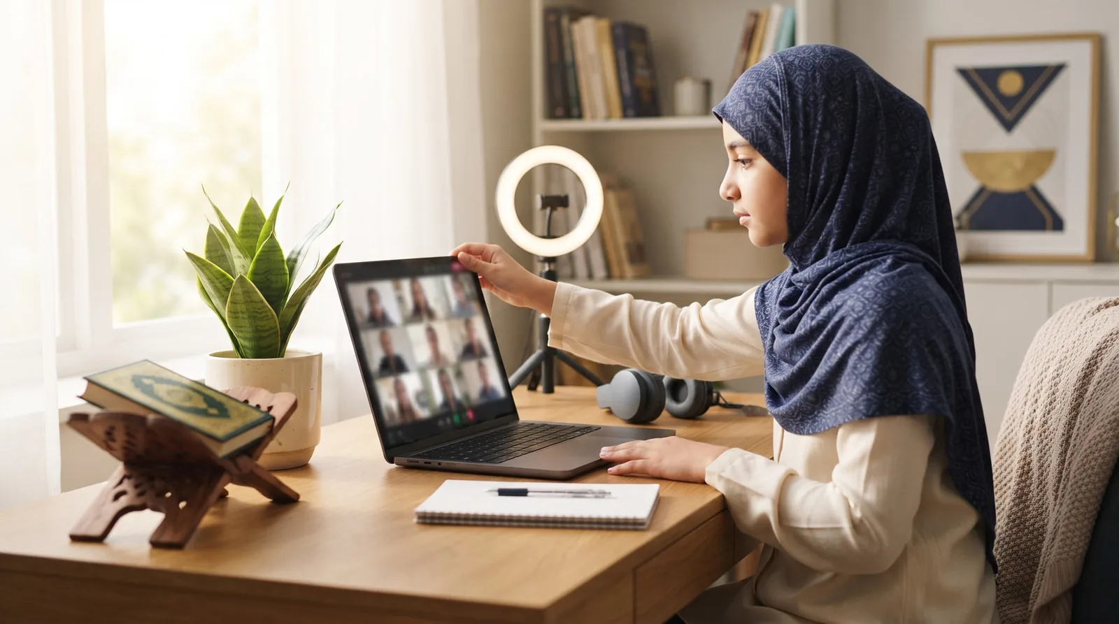 A student setting up her home corner for an online Quran class