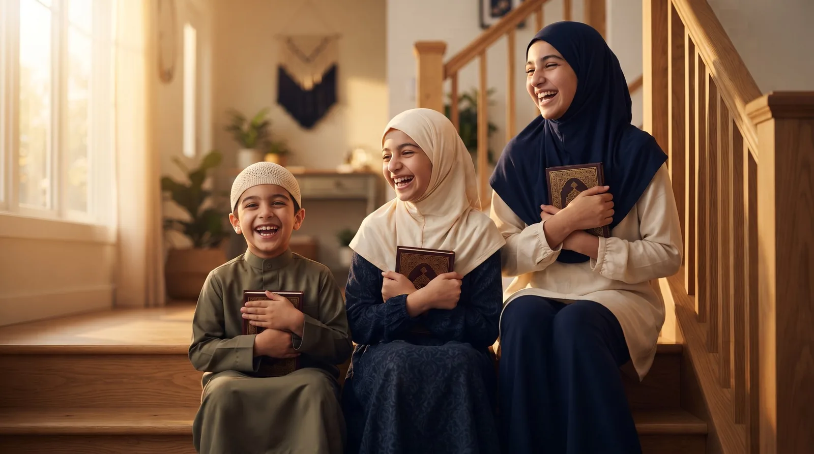 Three siblings learning Quran together at home