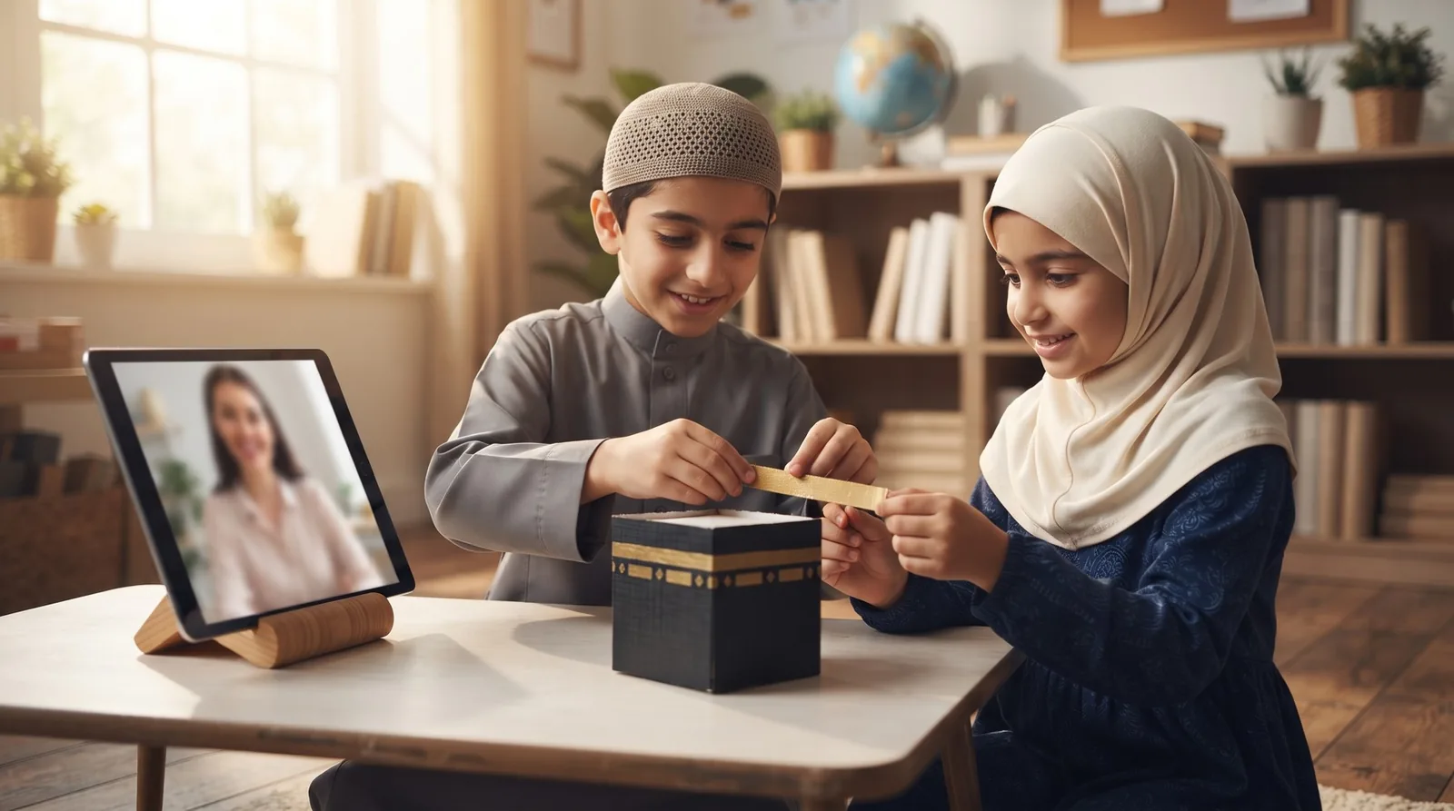 أطفال يصنعون مجسّم الكعبة في حصة إسلامية أونلاين