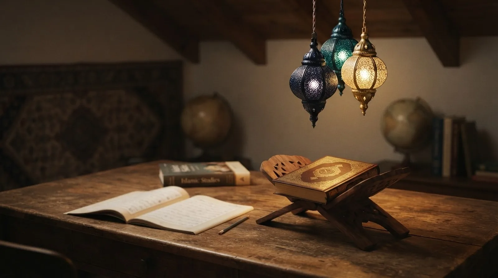 ثلاثة فوانيس فوق كتب القرآن والعربية والدراسات الإسلامية