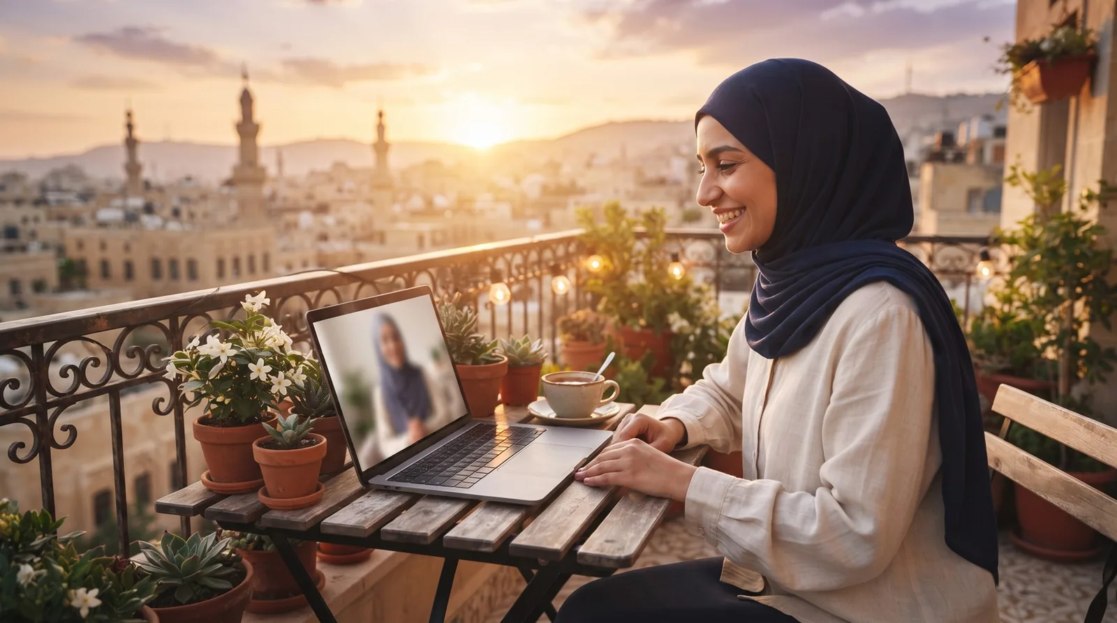 متعلّمة تستمتع بدرس قرآن أونلاين عند الغروب