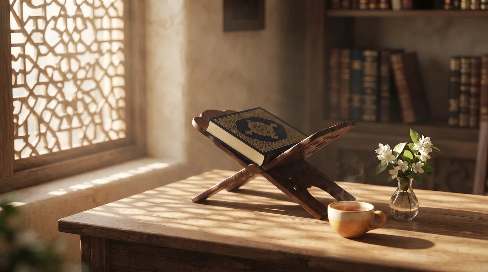 صباح جمعة هادئ مع المصحف عند النافذة